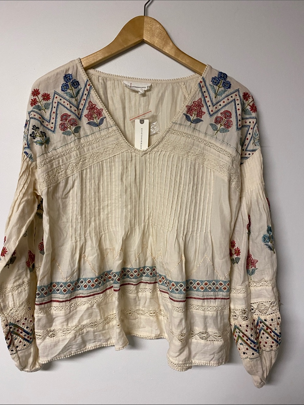 Anthropologie Cream Embroidered Boho Tunic with Blue & Red Accents